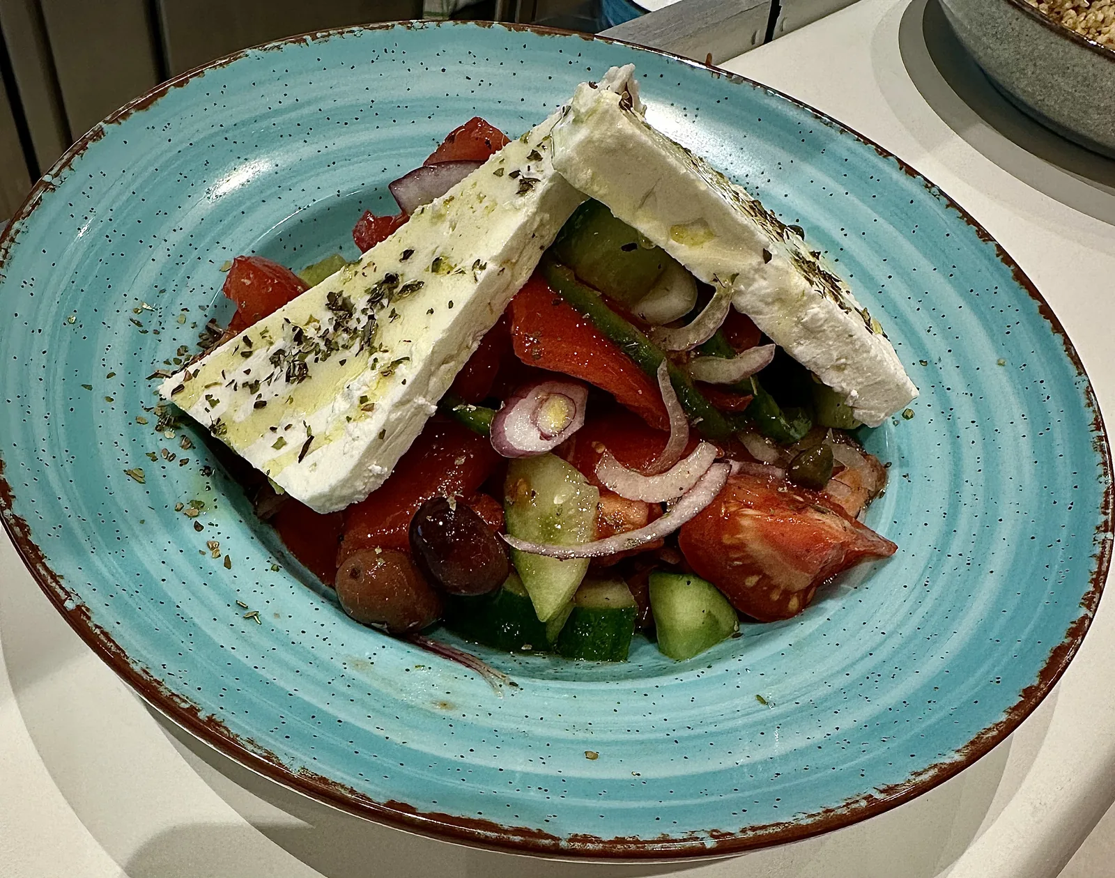 Cycladic village salad with feta, tomato, cucumber and capers